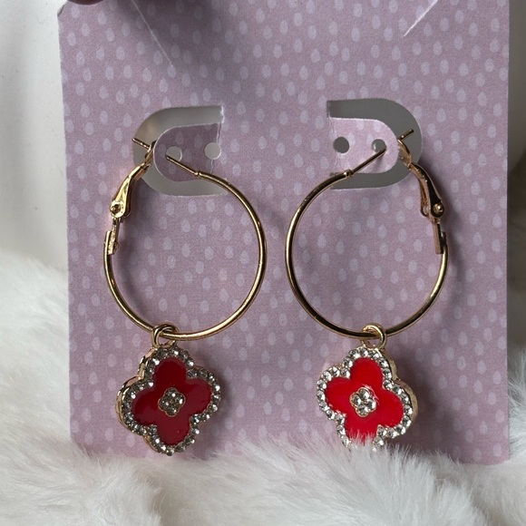 Jewelry - Gold and Red Floral Hoop Earrings